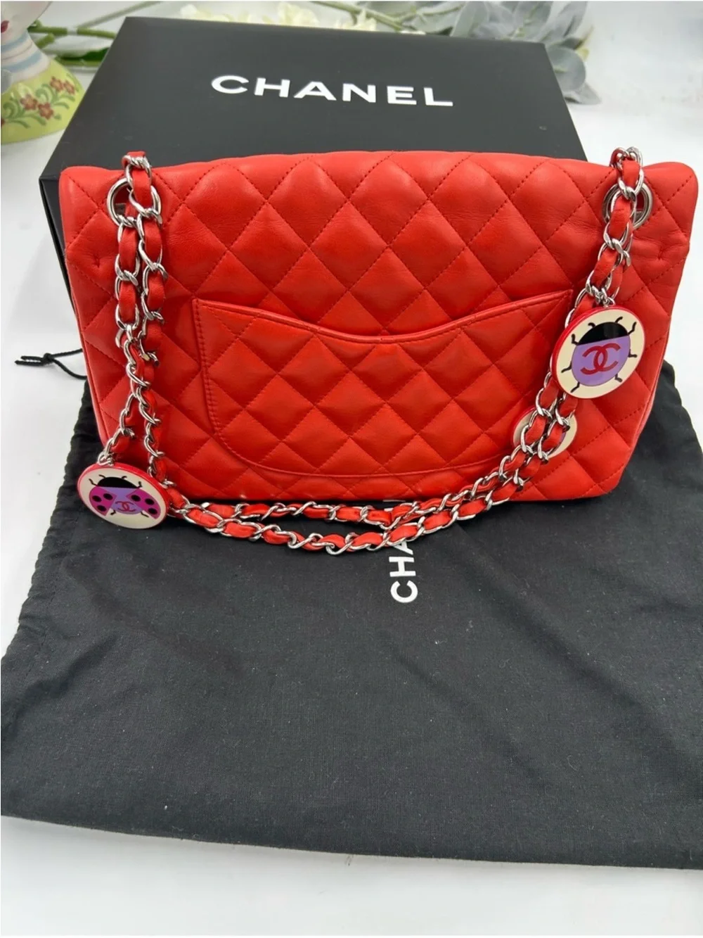 Women’s Chanel MATELASSE lamb, Skin, shoulder bag, ladybug, and strawberry charm